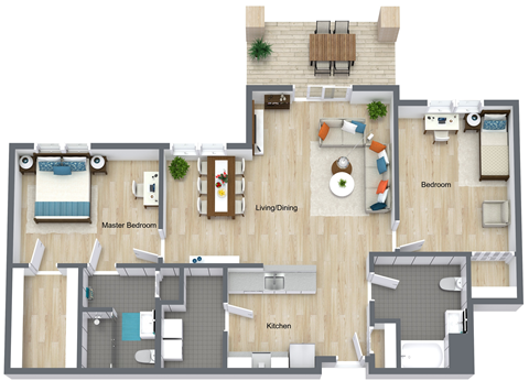 Floor plan for 2 beds, 2 baths, 1296 sqft